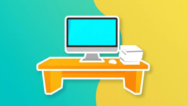Creative desk setup illustration: Modern workspace animation with computer, plants, and office supplies