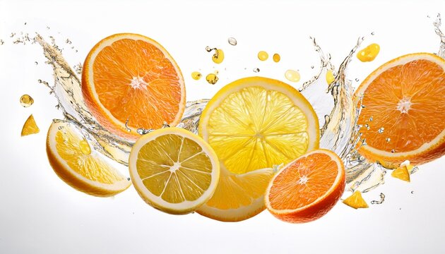 flying orange and lemon slices isolated on white background perfect for food advertising juice packaging fruit splash effects and fresh citrus themed designs