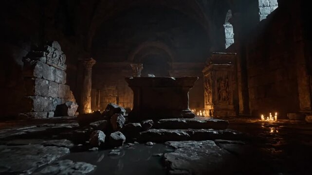 Mysterious ancient crypt interior with candles, stone pillars, altar and dark atmosphere creating a spooky ambiance