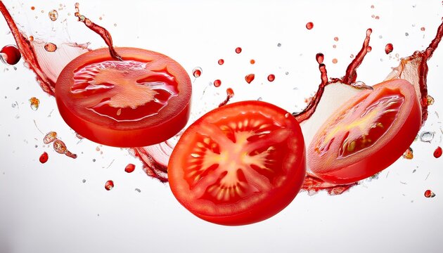 juicy red tomato slices falling dynamically with splashes on transparent and white background