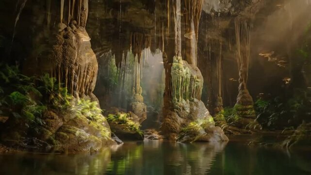 Enchanting Subterranean Cave with Lush Greenery, Stalactites and Sunlight Streaming Through