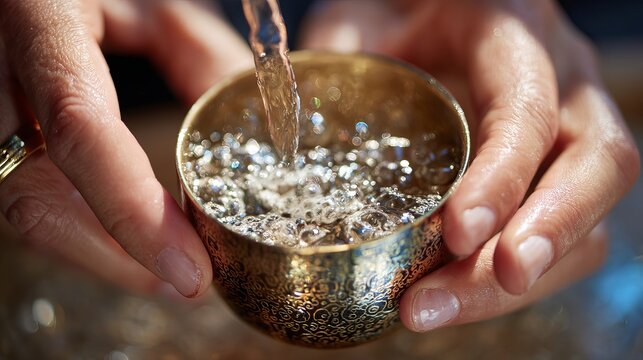 Fingers pour bubbly into a fancy cup.