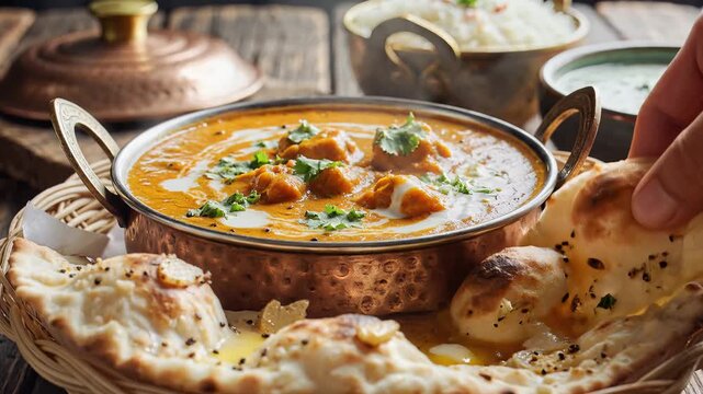 Delicious Indian Butter Chicken with Naan Bread and Rice.