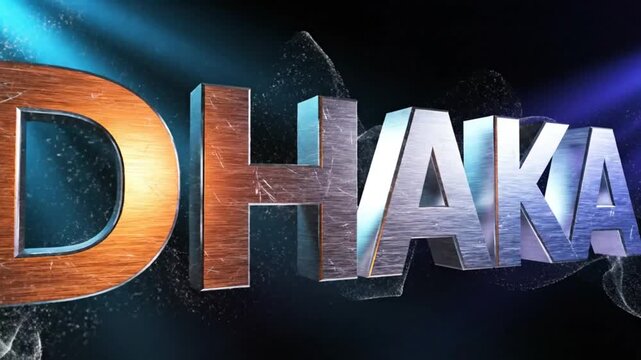 Dhaka metallic 3D text graphic with light rays and particles on a dark background for cinematic presentations