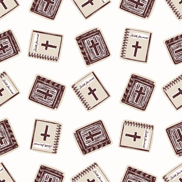 Bible book of Gods word vector pattern. Seamless wallpaper for Christian bible study, faith notes and sermon jorunal. Religious lino cut background. 