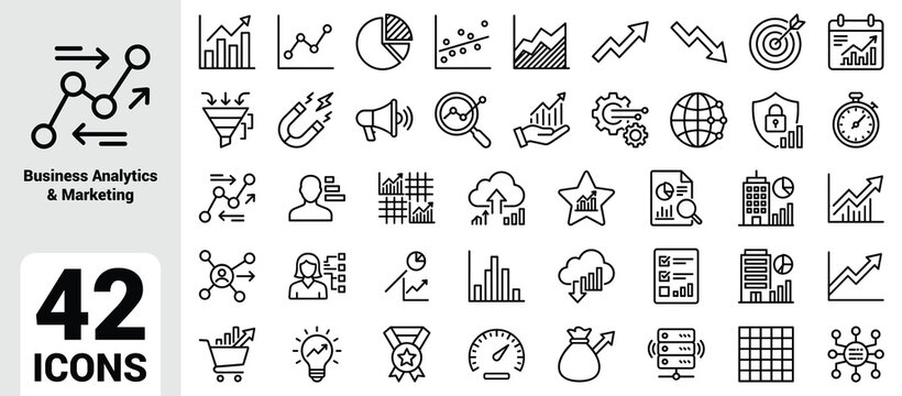 Business Analytics and Marketing Line Icons &ndash; Data Visualization, Growth Metrics, KPI Dashboards, Funnels, Security, Global Strategy, Productivity, E-commerce, Communication, Digital Tools