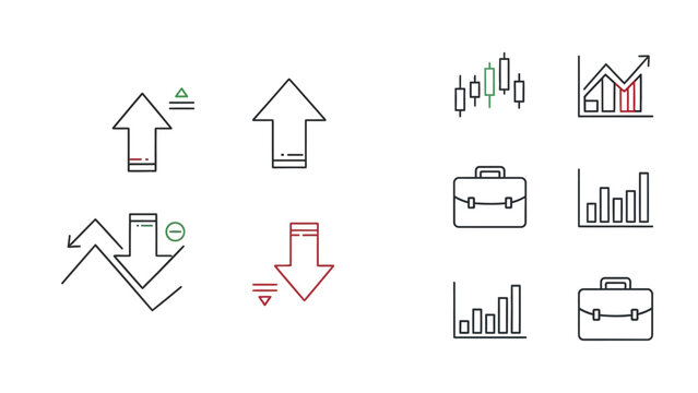 Set of thin line business icons featuring upward and downward trend arrows alongside bar charts and professional leather briefcases