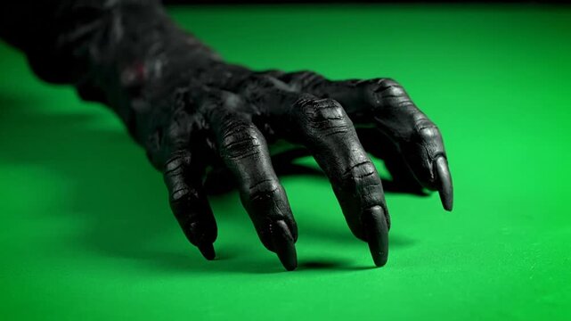 Spooky black hand with long sharp claws scratching against a bright green surface creating a sound effect for horror and suspense.