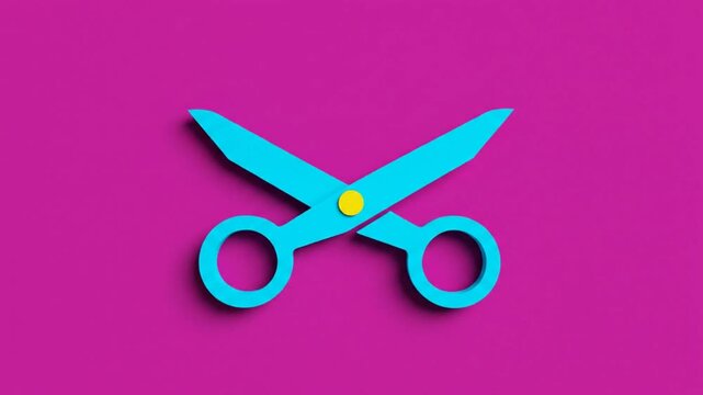 Creative animated cut out scissors opening and closing on a vibrant magenta background, flat lay