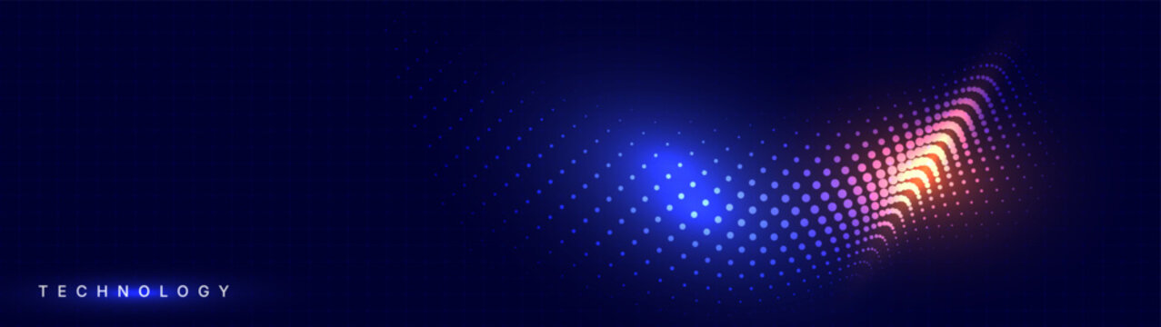 Abstract futuristic technology background, glowing particle wave flowing from distance, blue digital grid with orange light accents, modern data stream concept with minimal typography space