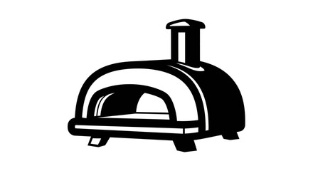 Fototapeta premium Black and white illustration of a traditional oven with a rounded door, chimney, and legs, isolated on a plain background.