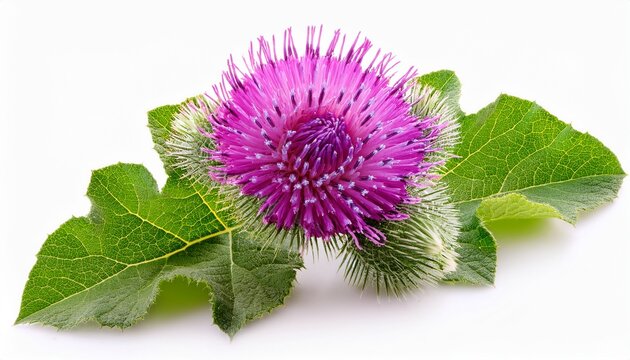 purple burdock blooms with green leaves cut out on white background