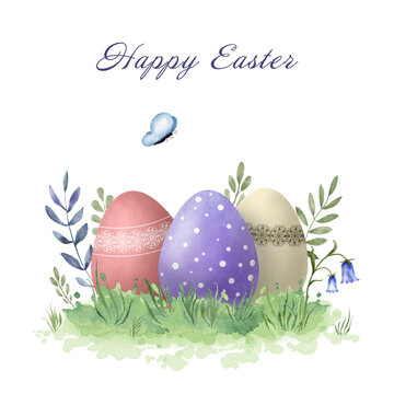 Delicate Easter greeting card with eggs and leaves