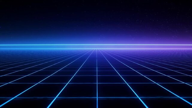 Retro 80s Synthwave Glowing Neon Grid Cyberspace Background Loop with Starry Sky and Gradient Horizon