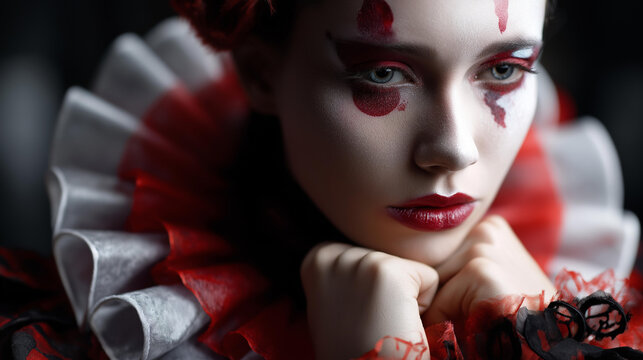 Visually striking conceptual portrait of a beautiful and eerie circus performer with dramatic technology-inspired theatrical makeup and styling. Defocused dark background. Eerie