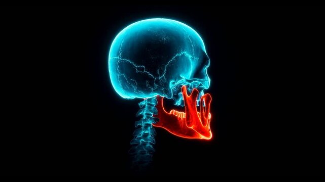 Rotating 3D visualization of a human skull. Features glowing blue skeletal structure with red highlighted jaw muscles and teeth in a futuristic neon X-ray style.
