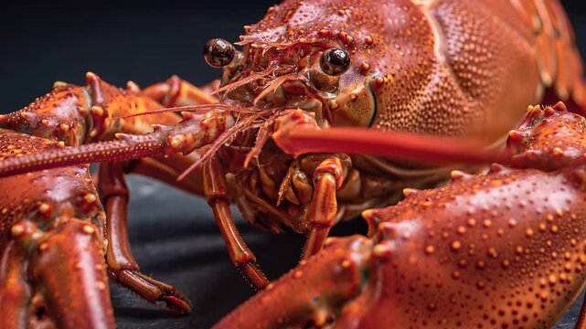 Closeup Macro Shot of a Cooked Red Lobster on a Dark Surface.