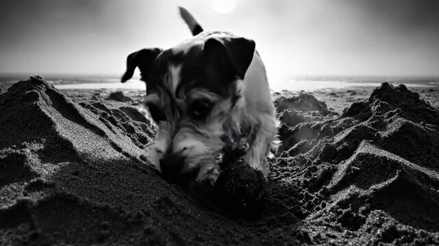 Black and white portrait of a happy Jack Russell terrier digging in the sand at the beach, playful dog