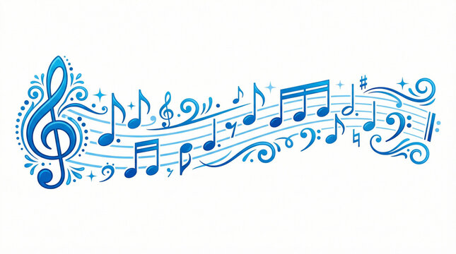 Blue clef music notes key musical border illustration divider clipart, vector stock illustration. Stock Vector