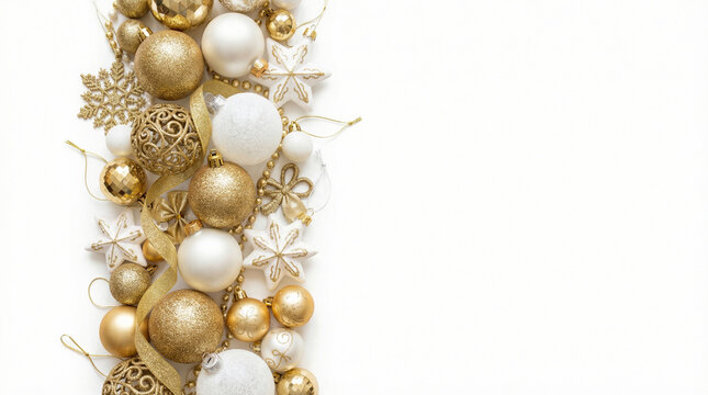 Christmas border of gold and white ornaments. Side view isolated on a white background.