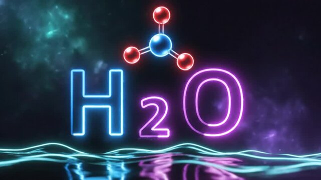 Neon illuminated water molecule H2O with atom structure over abstract water texture and nebula backdrop