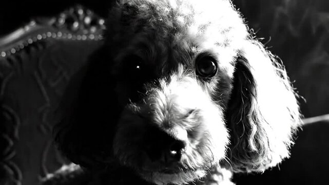 Black and white close up of a poodle dog with big eyes looking directly at the camera with an ominous air