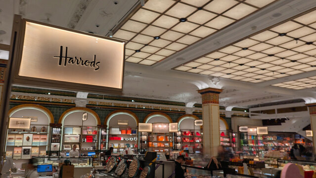 London, UK; 12th february 2026: Information panel with the Harrods logo inside a store of the famous supermarket