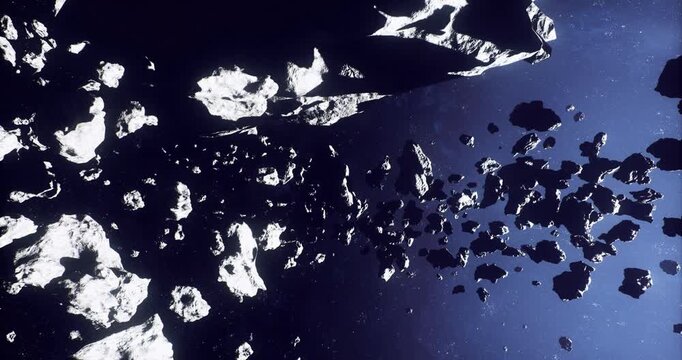 starlight piercing gaps between silhouetted asteroids, cosmic depth frames dramatic panorama quiet stillness, contrasty edges, contemplative mood