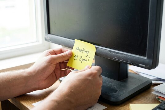 Hands attaching a yellow sticky note with the text Meeting at 2pm to a black computer monitor