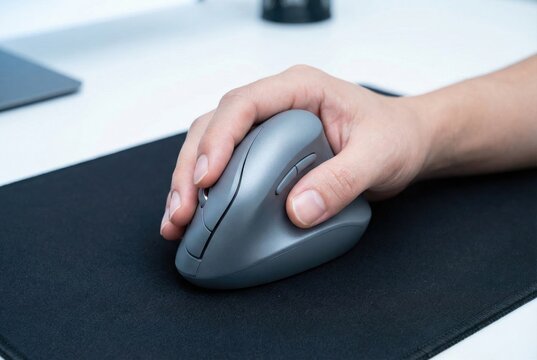 Hand resting on a grey vertical ergonomic computer mouse on a black mousepad over a white desk