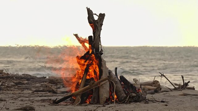 FOGATA A LA ORILLA DE LA PLAYA EN EL OCASO - 4K - 60FPS