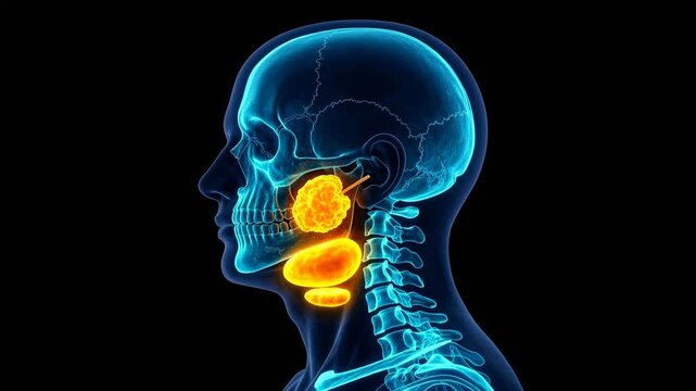 3D anatomical animation of salivary gland contraction and stimulus. Glowing blue neon skeleton with red highlighted glands demonstrating salivation process in a futuristic style.

