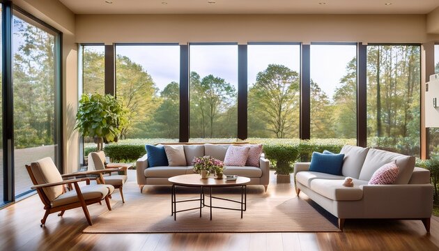 assisted living facility common area with comfortable seating and stylish coffee tables featuring a large window wall with plenty of natural light community space assisted living