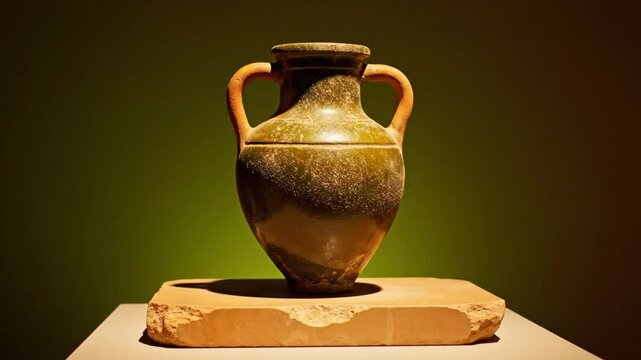 Ancient glazed pottery amphora with two handles displayed on a sandstone base against a green backdrop