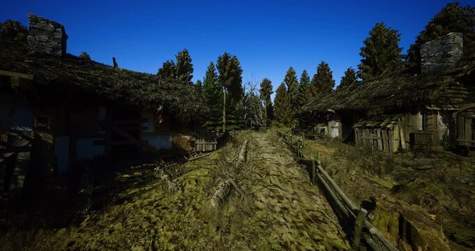 sunlit ruined village lane with overgrown center and timbered walls, cartographer mapping scenario implied, bright blue sky, textured shadows and rustic