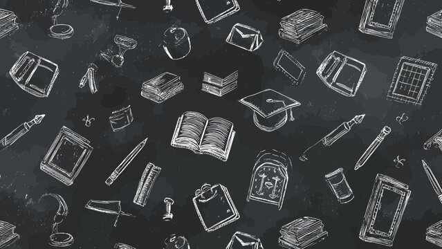 School supplies rendered in white chalk outlines decorate a dark blackboard texture to create a seamless pattern for academic projects.