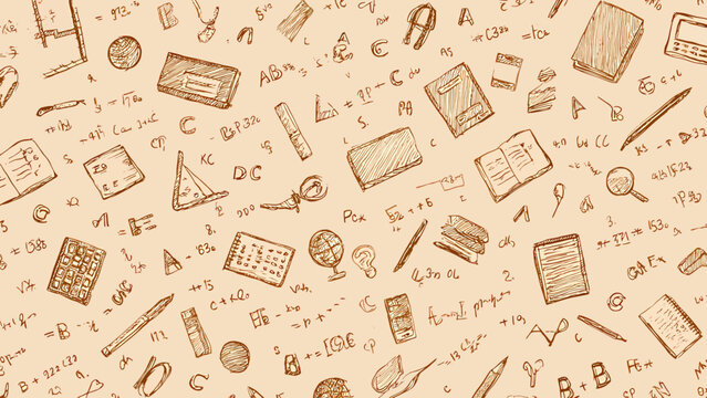 Mathematics equations and school objects are sketched in a monochromatic pattern on vintage textured paper.