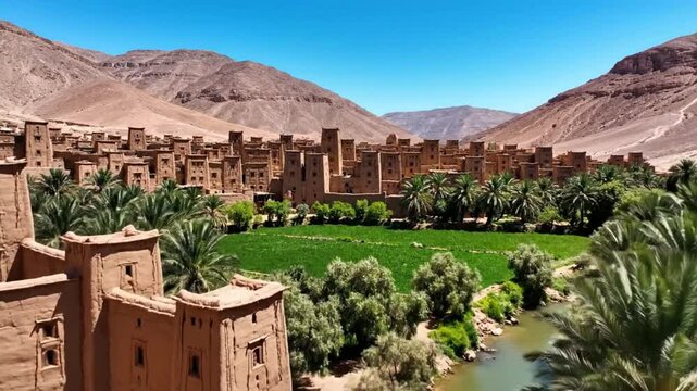 Scenic aerial view of Ait Benhaddou village in Morocco showcasing ancient mudbrick architecture and lush green oasis
