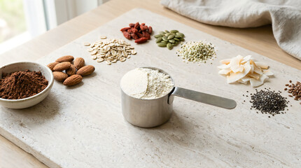 Fototapeta premium Assorted healthy superfood ingredients for smoothie bowl preparation