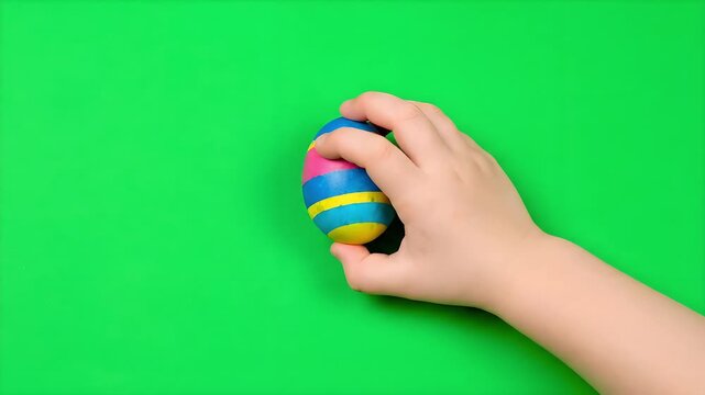 Child hand holding striped colorful Easter egg on green background