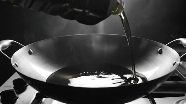 Pouring cooking oil into a stainless steel wok on a gas stove in preparation for cooking