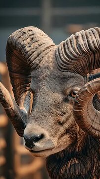 Close-up portrait of a majestic ram with impressive curved horns.