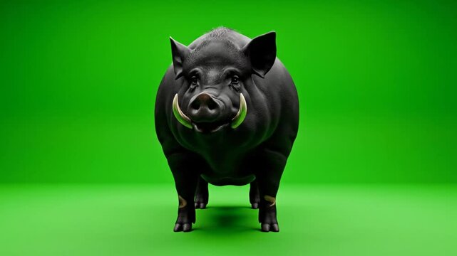 Black boar standing proudly against a vibrant green backdrop, showcasing impressive tusks and a formidable presence.