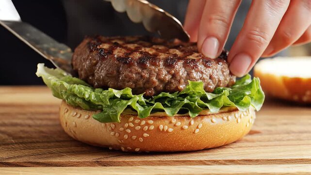 Assembling a delicious gourmet burger with fresh ingredients on a wooden board.