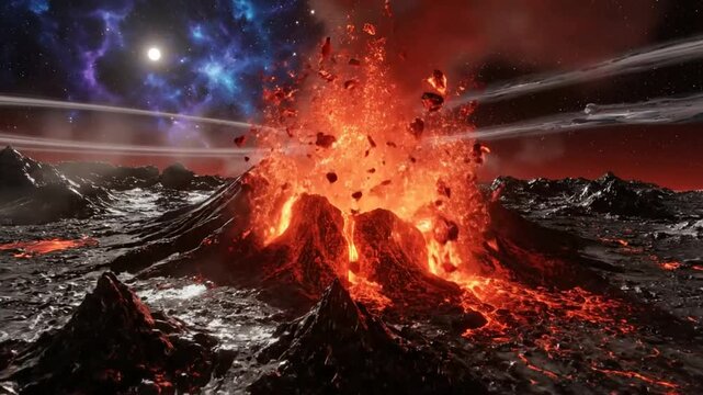 Epic volcano eruption on alien planet with molten lava flow, cosmic stars, and outer space landscape