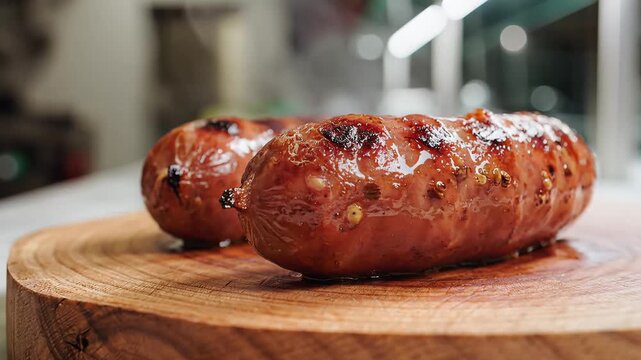 Delicious Grilled Sausages Served on a Wooden Board.