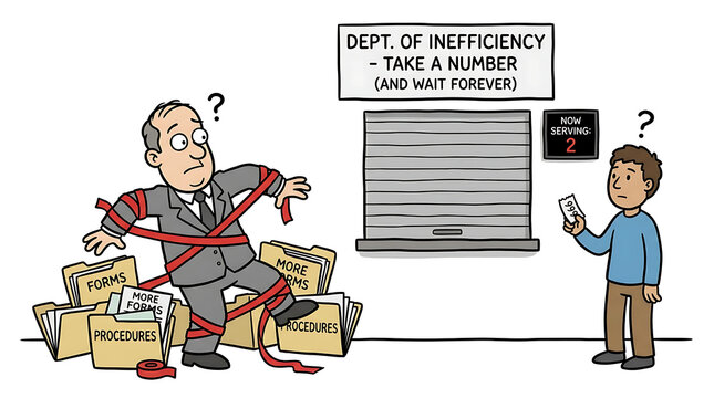 Man tied with red tape sits on boxes at inefficient office desk with another man