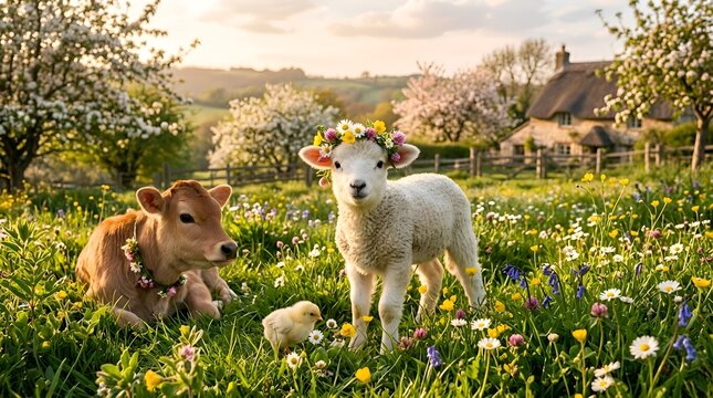 Adorable lamb, calf, and chick adorned with vibrant flower crowns frolic in a sun-kissed spring meadow, symbolizing new life and pastoral bliss