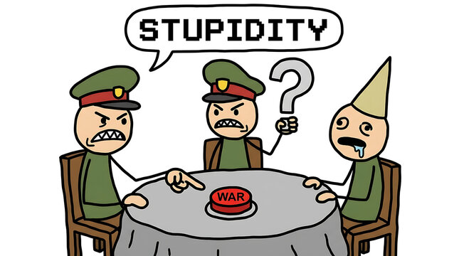Soldiers discuss plan around table with uncertainty and stupidity.