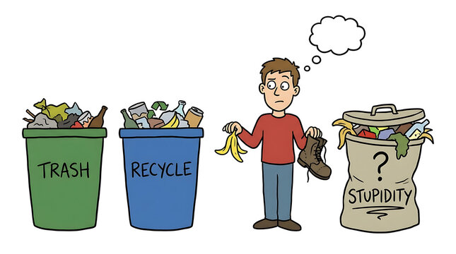 Man confused standing by trash, recycle, and stupidity bins with question